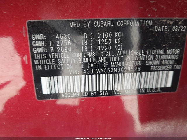 Aukcja sprzedaży 2022 Subaru Legacy Premium, vin: 4S3BWAC60N3028528, numer aukcji: 44914615