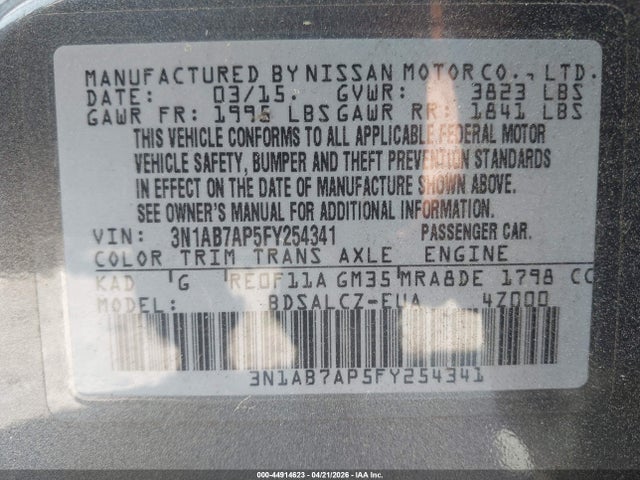 Aukcja sprzedaży 2015 Nissan Sentra S, vin: 3N1AB7AP5FY254341, numer aukcji: 44914623