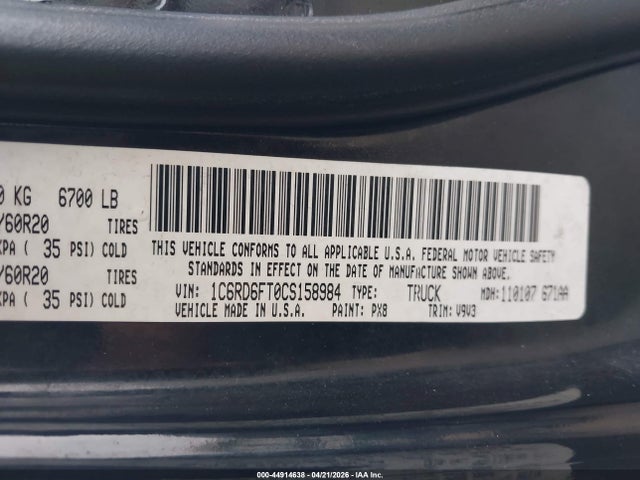 Продажа на аукционе авто 2012 Ram 1500 St, vin: 1C6RD6FT0CS158984, номер лота: 44914638