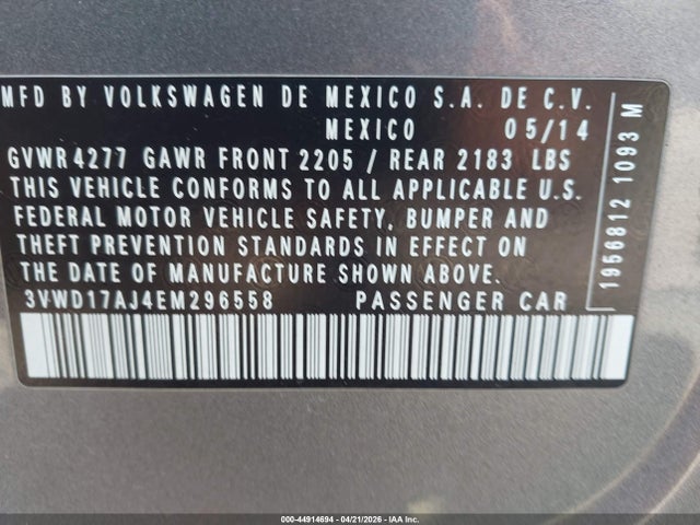 2014 Volkswagen Jetta 1.8t Se მანქანა იყიდება აუქციონზე, vin: 3VWD17AJ4EM296558, აუქციონის ნომერი: 44914694