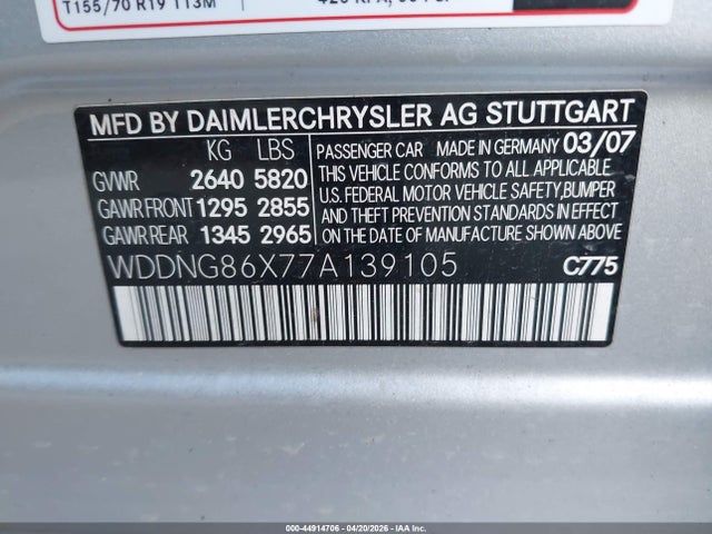 Aukcja sprzedaży 2007 Mercedes-benz S 550 4matic, vin: WDDNG86X77A139105, numer aukcji: 44914706