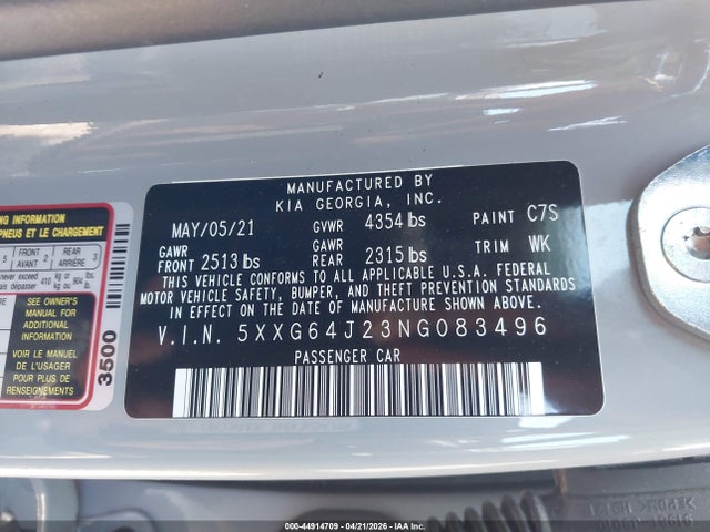 Aukcja sprzedaży 2022 Kia K5 Gt-line, vin: 5XXG64J23NG083496, numer aukcji: 44914709