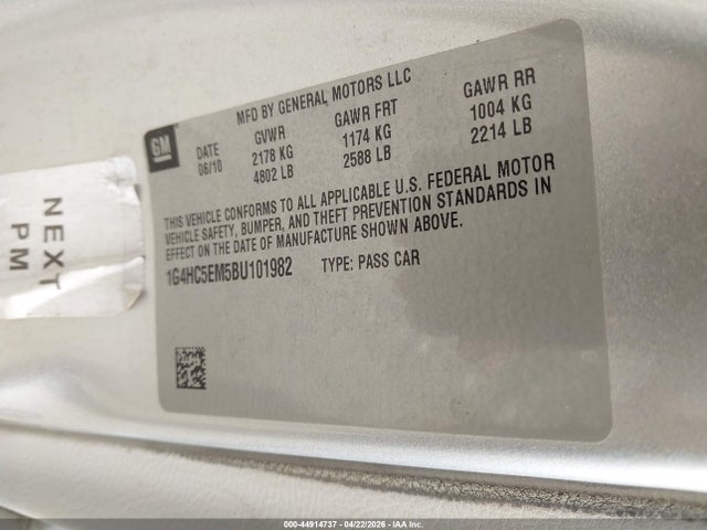 Продажа на аукционе авто 2011 Buick Lucerne Cxl, vin: 1G4HC5EM5BU101982, номер лота: 44914737