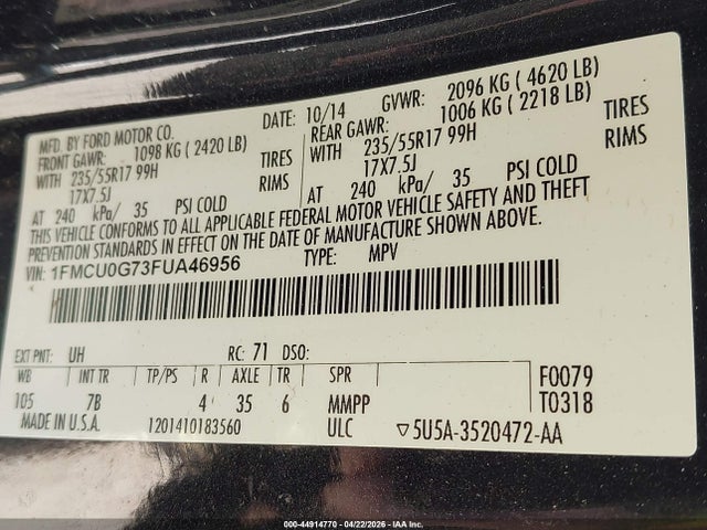 Aukcja sprzedaży 2015 Ford Escape Se, vin: 1FMCU0G73FUA46956, numer aukcji: 44914770