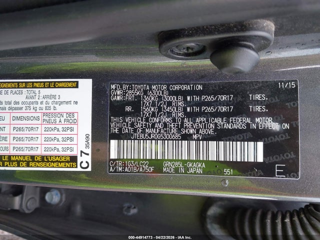 44914773 :رقم المزاد ، JTEBU5JR0G5300685 vin ، 2016 Toyota 4runner Trail Premium مزاد بيع
