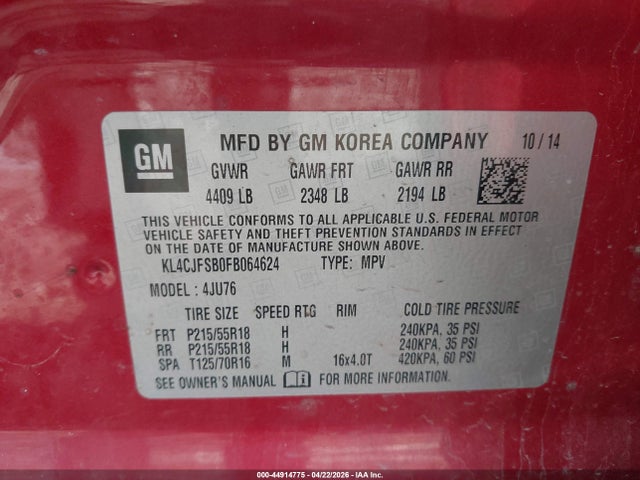 44914775 :رقم المزاد ، KL4CJFSB0FB064624 vin ، 2015 Buick Encore Convenience مزاد بيع