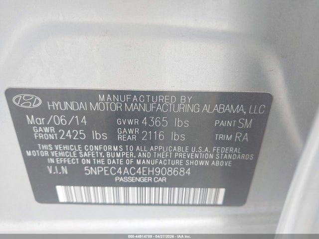 Hyundai SONATA SE 2014 5NPEC4AC4EH908684 Image 9