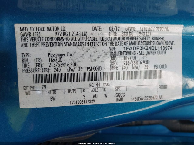2013 Ford Focus Se მანქანა იყიდება აუქციონზე, vin: 1FADP3K24DL113974, აუქციონის ნომერი: 44914817
