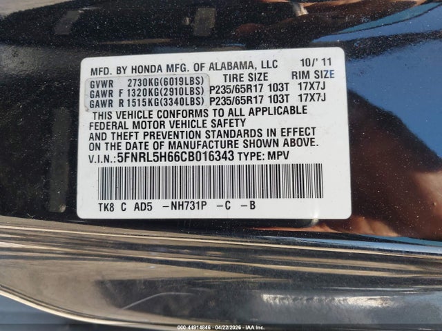Продажа на аукционе авто 2012 Honda Odyssey Ex-l, vin: 5FNRL5H66CB016343, номер лота: 44914846