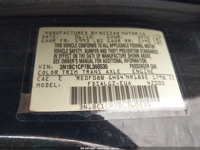 2011 Nissan Versa 1.8sl მანქანა იყიდება აუქციონზე, vin: 3N1BC1CP7BL360535, აუქციონის ნომერი: 44914902
