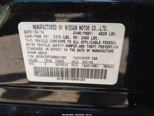 Aukcja sprzedaży 2014 Infiniti Q50 Premium, vin: JN1BV7AP0EM691290, numer aukcji: 44914929