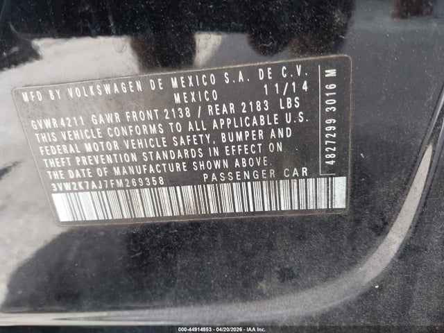 44914953 :رقم المزاد ، 3VW2K7AJ7FM269358 vin ، 2015 Volkswagen Jetta 2.0l S مزاد بيع
