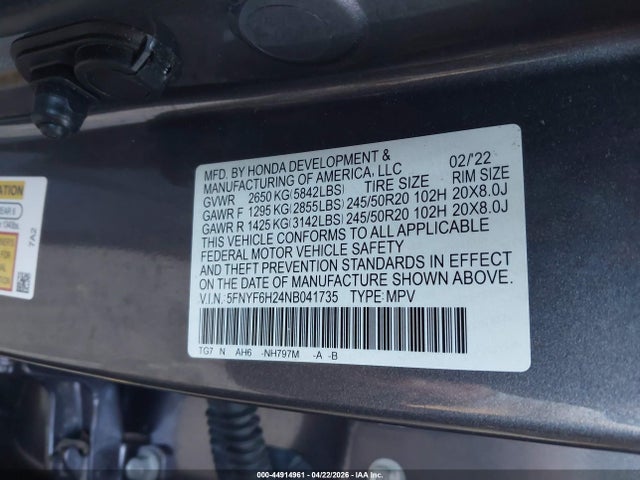 Продаж на аукціоні авто 2022 Honda Pilot Awd Special Edition, vin: 5FNYF6H24NB041735, номер лоту: 44914961