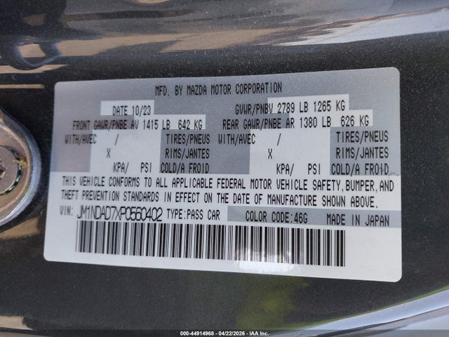 44914968 :رقم المزاد ، JM1NDAD7XP0560402 vin ، 2023 Mazda Mx-5 Miata Grand Touring مزاد بيع