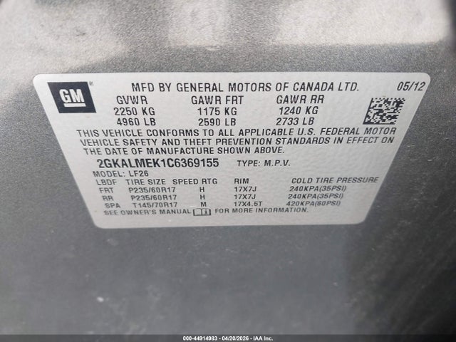 Auction sale of the 2012 Gmc Terrain Sle-1, vin: 2GKALMEK1C6369155, lot number: 44914983