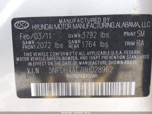 44914987 :رقم المزاد ، 5NPDH4AE7BH028962 vin ، 2011 Hyundai Elantra Gls مزاد بيع