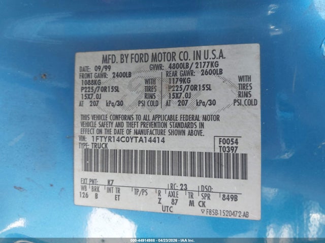 Aukcja sprzedaży 2000 Ford Ranger Xl/xlt, vin: 1FTYR14C0YTA14414, numer aukcji: 44914988