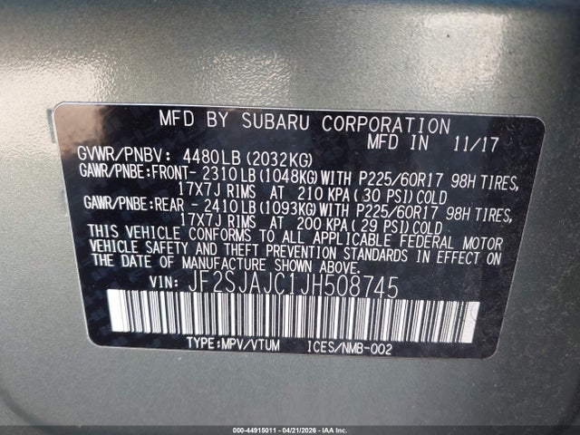 Aukcja sprzedaży 2018 Subaru Forester 2.5i Limited, vin: JF2SJAJC1JH508745, numer aukcji: 44915011