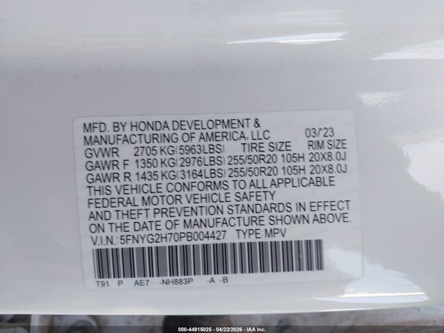 5FNYG2H70PB004427 Honda Pilot 2wd Touring