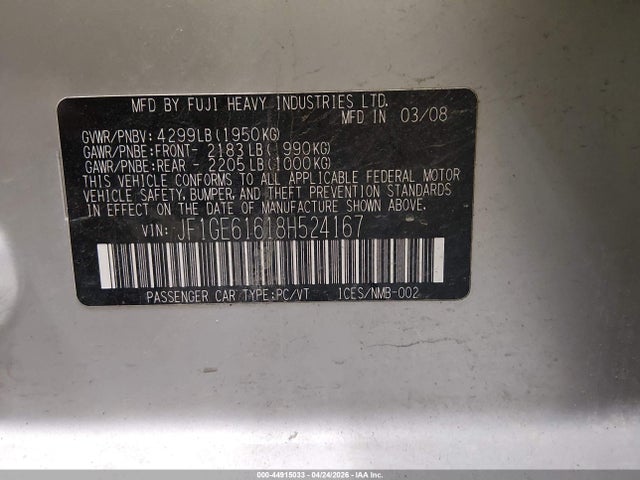 Продажа на аукционе авто 2008 Subaru Impreza 2.5i, vin: JF1GE61618H524167, номер лота: 44915033
