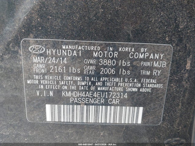 2014 Hyundai Elantra Limited მანქანა იყიდება აუქციონზე, vin: KMHDH4AE4EU172314, აუქციონის ნომერი: 44915047