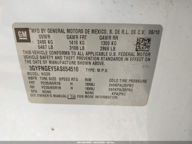 44915055 :رقم المزاد ، 3GYFNGEY5AS654516 vin ، 2010 Cadillac Srx Standard مزاد بيع