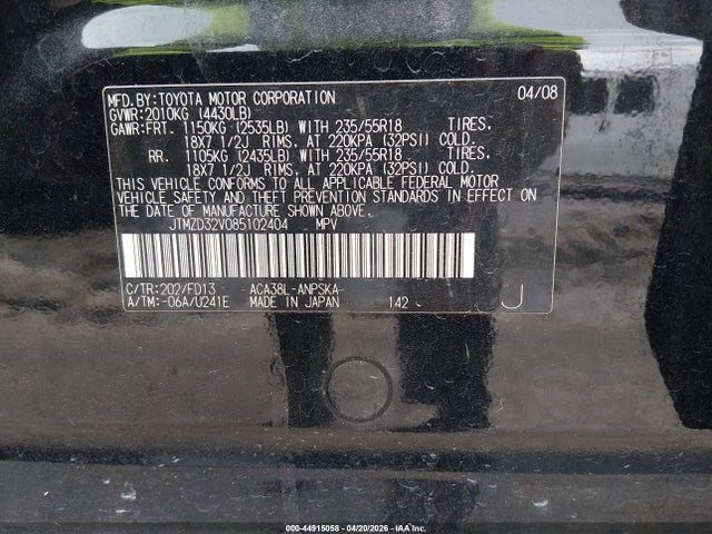 Auction sale of the 2008 Toyota Rav4 Sport, vin: JTMZD32V085102404, lot number: 44915058
