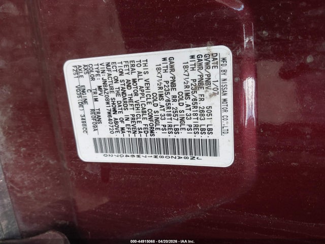 2007 Nissan Murano Sl მანქანა იყიდება აუქციონზე, vin: JN8AZ08W17W640720, აუქციონის ნომერი: 44915068