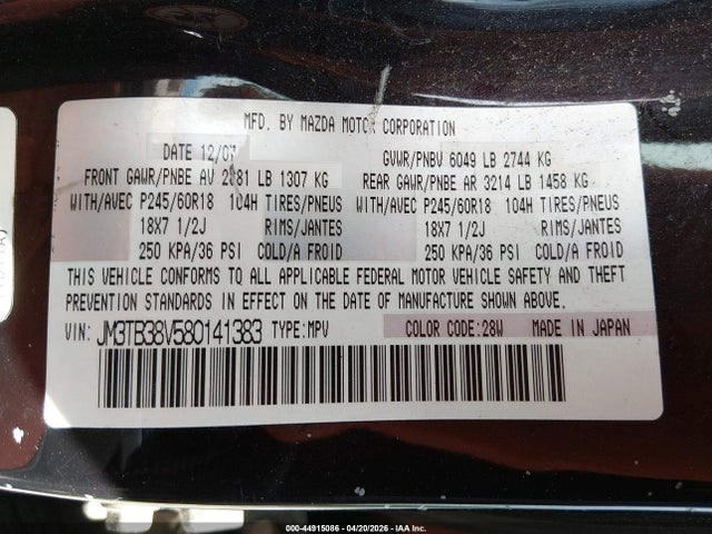 44915086 :رقم المزاد ، JM3TB38V580141383 vin ، 2008 Mazda Cx-9 Touring مزاد بيع