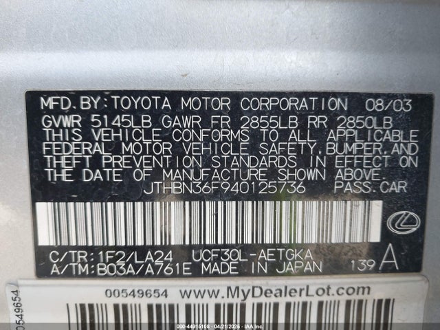 Aukcja sprzedaży 2004 Lexus Ls 430, vin: JTHBN36F940125736, numer aukcji: 44915108