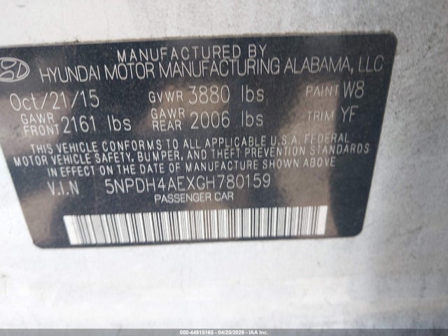 44915165 :رقم المزاد ، 5NPDH4AEXGH780159 vin ، 2016 Hyundai Elantra Se مزاد بيع