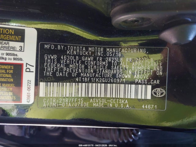 Aukcja sprzedaży 2016 Toyota Camry Se, vin: 4T1BF1FK2GU260971, numer aukcji: 44915175