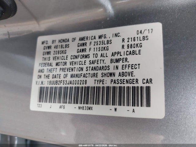 44915179 :رقم المزاد ، 19UUB2F53JA000209 vin ، 2018 Acura Tlx Tech Pkg مزاد بيع