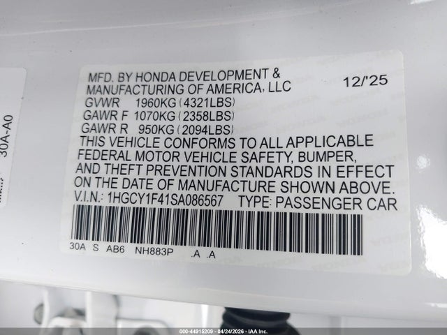 Продаж на аукціоні авто 2025 Honda Accord Se, vin: 1HGCY1F41SA086567, номер лоту: 44915209