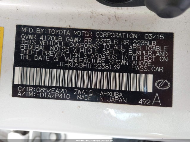 44915212 :رقم المزاد ، JTHKD5BH1F2238139 vin ، 2015 Lexus Ct 200h مزاد بيع