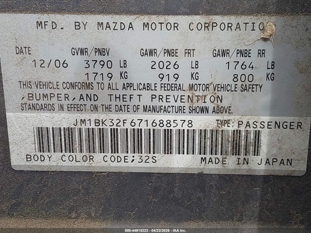 44915222 :رقم المزاد ، JM1BK32F671688578 vin ، 2007 Mazda Mazda3 I مزاد بيع