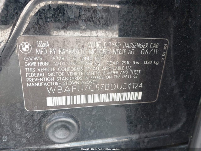 44915262 :رقم المزاد ، WBAFU7C57BDU54124 vin ، 2011 Bmw 535i Xdrive مزاد بيع