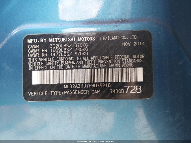 Продажа на аукционе авто 2015 Mitsubishi Mirage De, vin: ML32A3HJ7FH035216, номер лота: 44915284