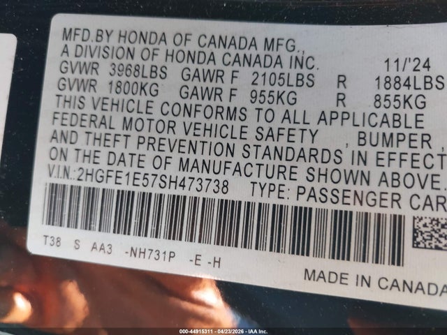 2HGFE1E57SH473738 Honda Civic Si Base W/high Performance Summer Tires/