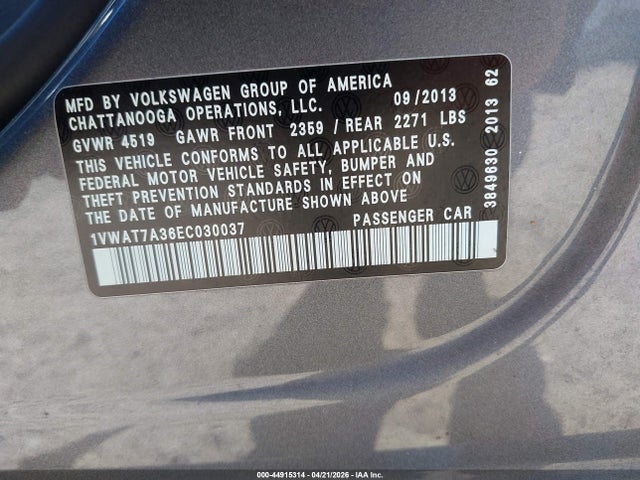 Продаж на аукціоні авто 2014 Volkswagen Passat 1.8t S, vin: 1VWAT7A36EC030037, номер лоту: 44915314