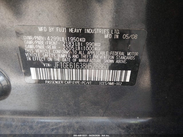 44915321 :رقم المزاد ، JF1GE61638H526860 vin ، 2008 Subaru Impreza 2.5i مزاد بيع