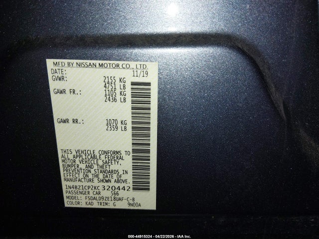 44915324 :رقم المزاد ، 1N4BZ1CP2KC320442 vin ، 2019 Nissan Leaf Sv Plus مزاد بيع