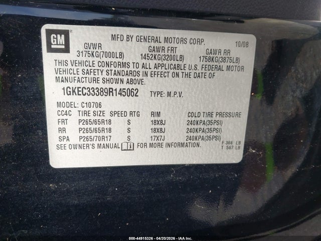 Aukcja sprzedaży 2009 Gmc Yukon Slt1, vin: 1GKEC33389R145062, numer aukcji: 44915326