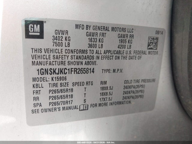 Aukcja sprzedaży 2015 Chevrolet Suburban 1500 Lt, vin: 1GNSKJKC1FR265814, numer aukcji: 44915328