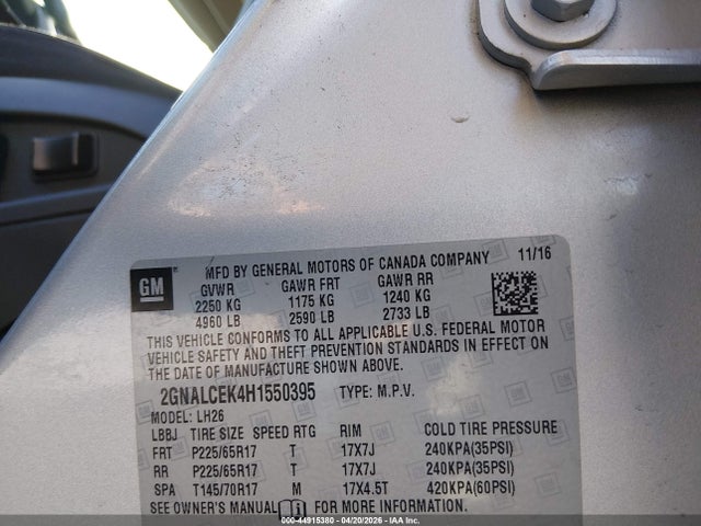 Aukcja sprzedaży 2017 Chevrolet Equinox Lt, vin: 2GNALCEK4H1550395, numer aukcji: 44915380