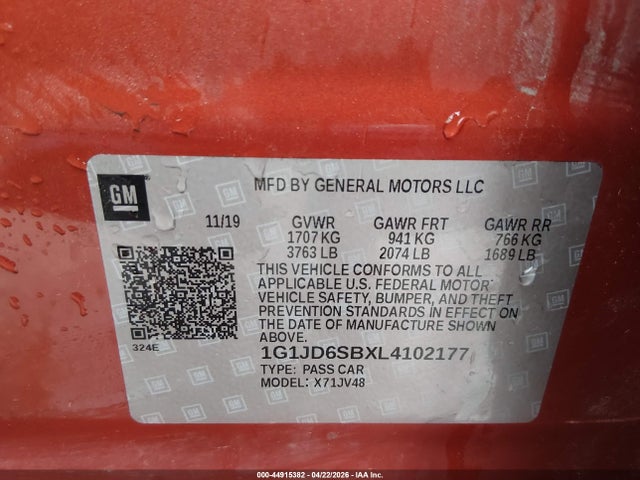 Продаж на аукціоні авто 2020 Chevrolet Sonic, vin: 1G1JD6SBXL4102177, номер лоту: 44915382