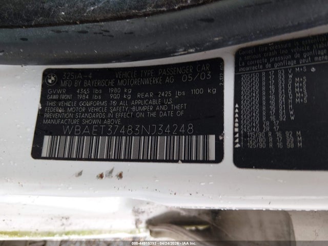 44915393 :رقم المزاد ، WBAET37483NJ34248 vin ، 2003 Bmw 325i مزاد بيع