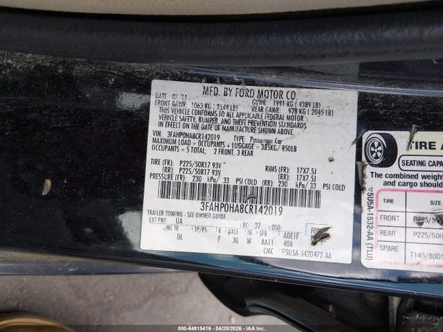 44915416 :رقم المزاد ، 3FAHP0HA8CR142019 vin ، 2012 Ford Fusion Se مزاد بيع
