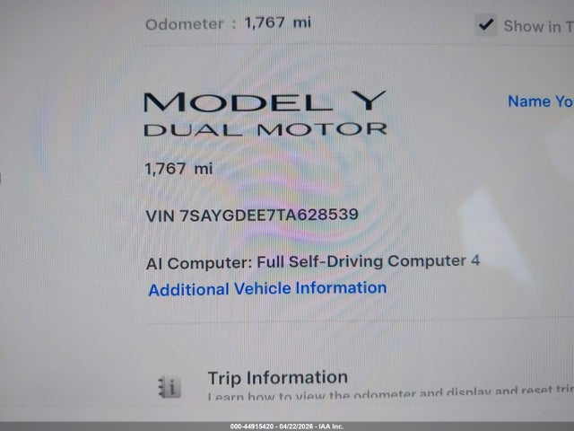 Aukcja sprzedaży 2026 Tesla Model Y All-wheel Drive/long Range Launch Series/premium All-wheel Drive, vin: 7SAYGDEE7TA628539, numer aukcji: 44915420