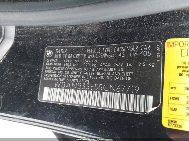 2005 Bmw 545i მანქანა იყიდება აუქციონზე, vin: WBANB33555CN67719, აუქციონის ნომერი: 44915422